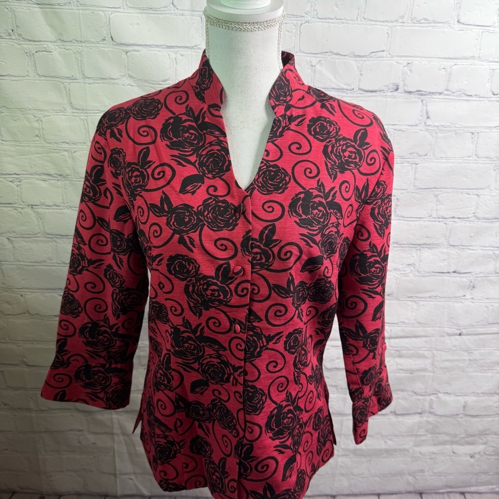 SILKLAND Vintage Silk Black And Red Floral Button Front Shirt Medium